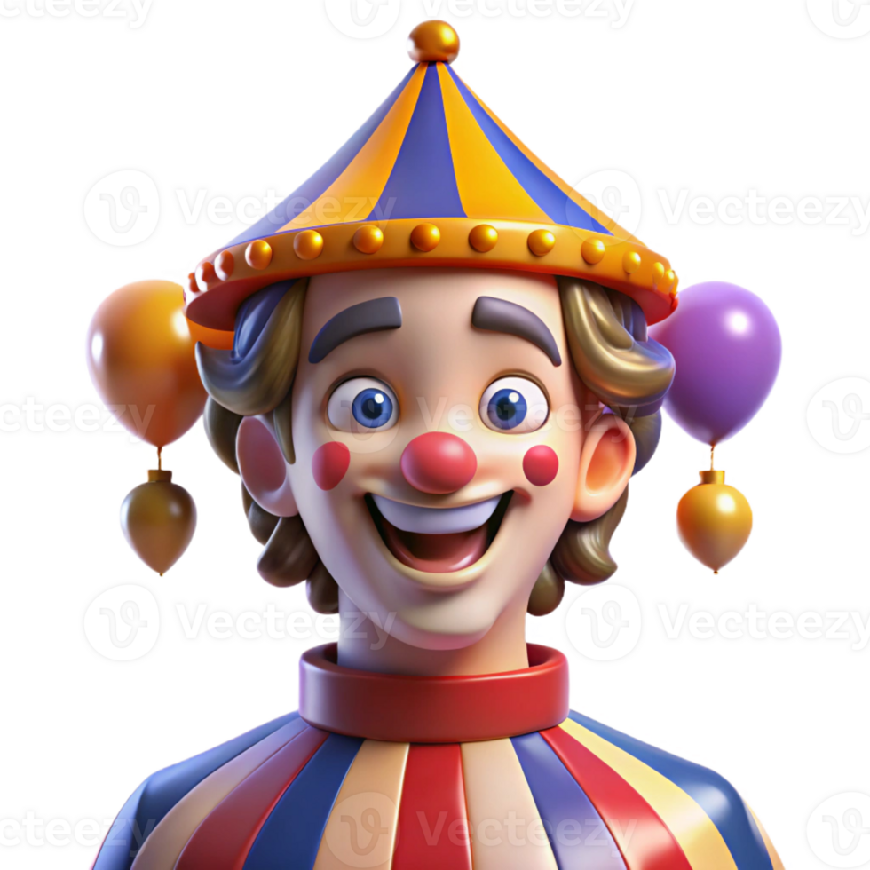 elegant classic Portrait of a jester with a mischievous grin and colorful makeup, illuminated by the bright lights of a circus tent, in a whimsical, cartoonish style high quality png