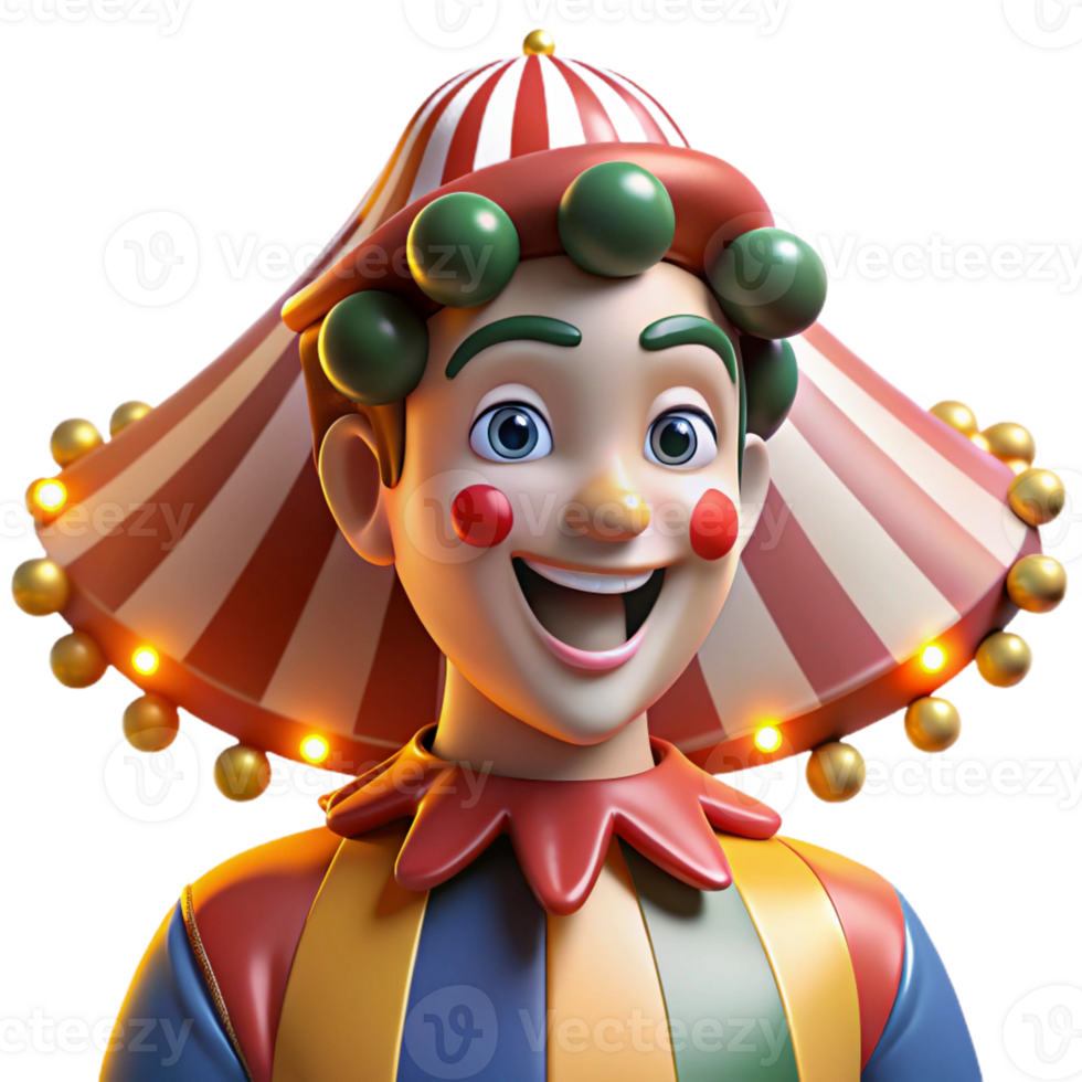 dramatic traditional Portrait of a jester with a mischievous grin and colorful makeup, illuminated by the bright lights of a circus tent, in a whimsical, cartoonish style premium png