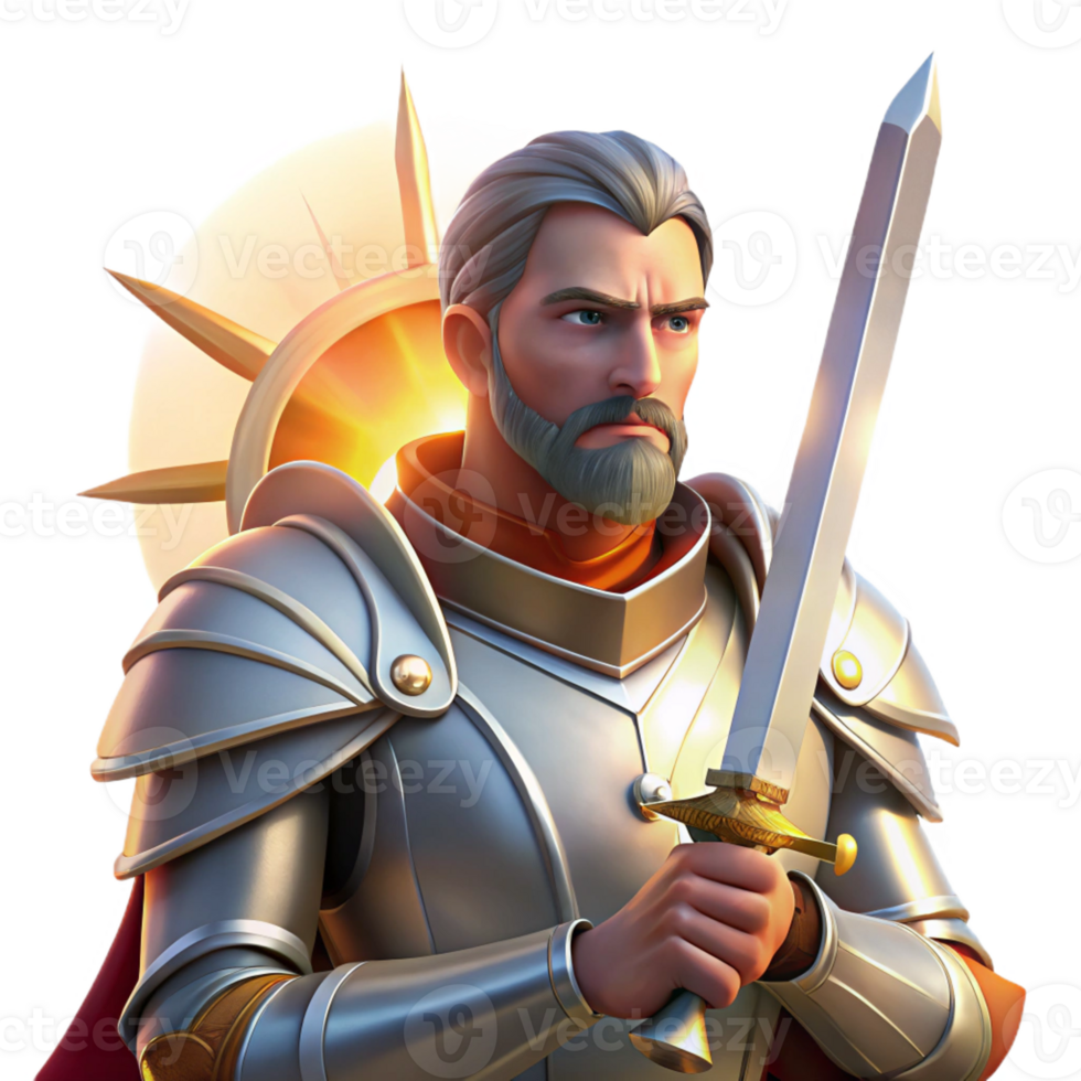 dramatic contemporary Portrait of a knight in shining armor, holding a sword, lit by the dramatic rays of a setting sun, in a heroic, fantasy style detailed png