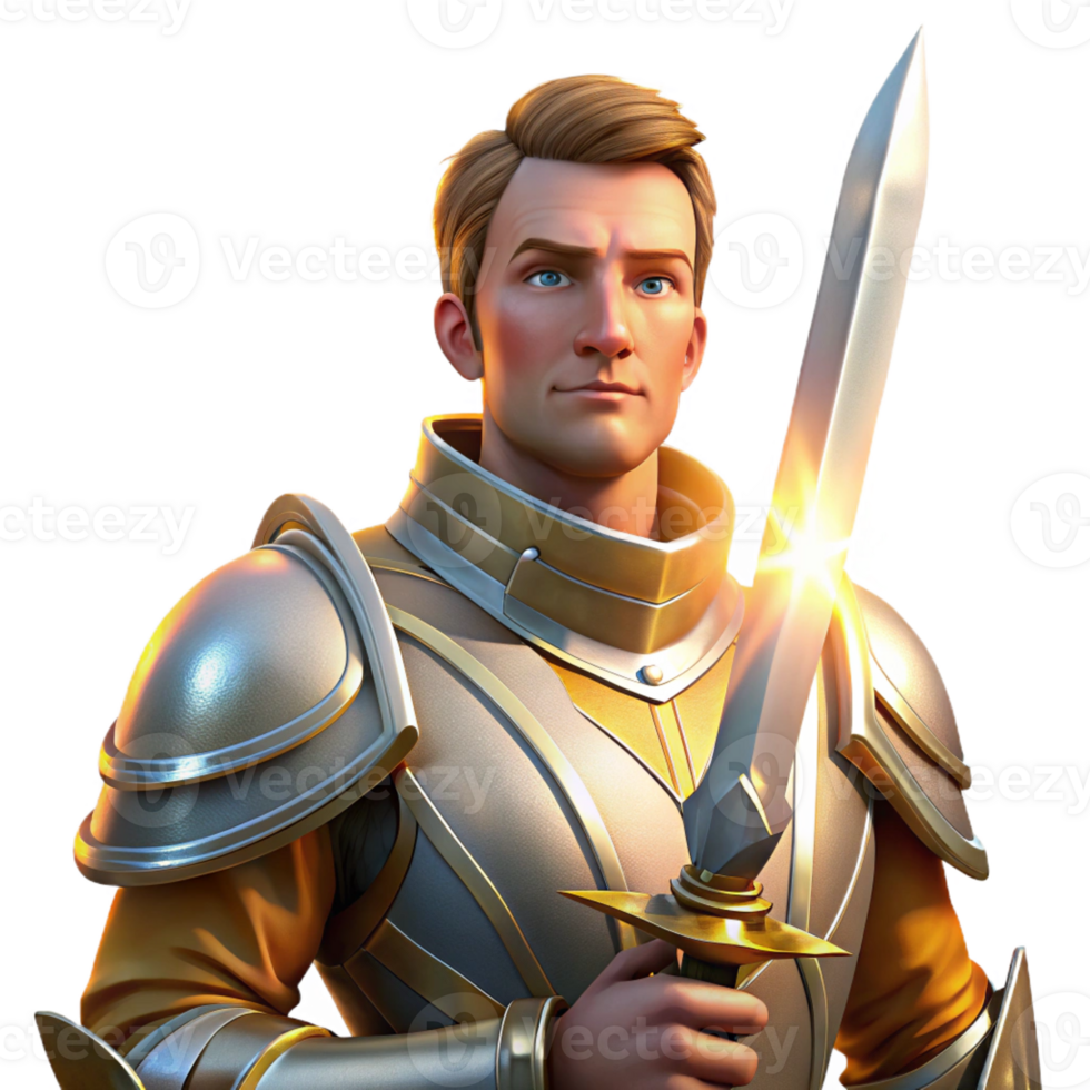 serene classic Portrait of a knight in shining armor, holding a sword, lit by the dramatic rays of a setting sun, in a heroic, fantasy style original png