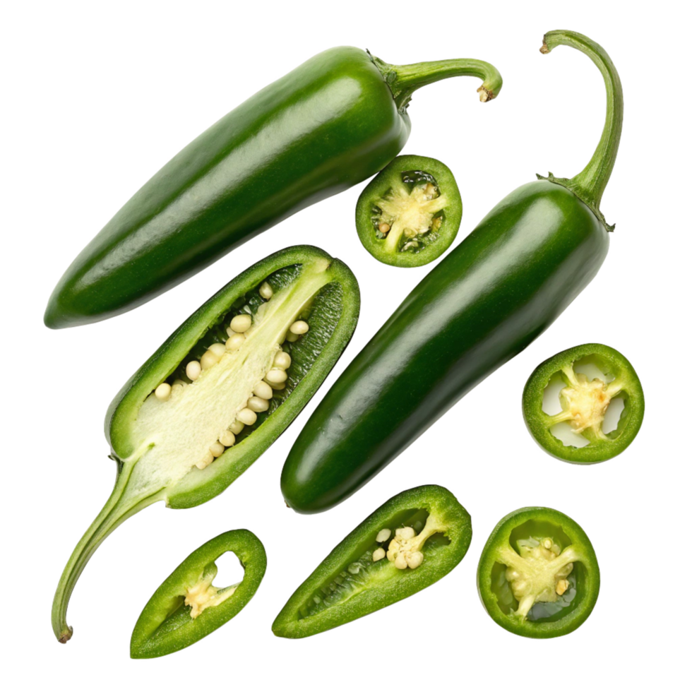 Fresh Green Jalapeno Peppers Sliced and Whole Displayed on Black Background png