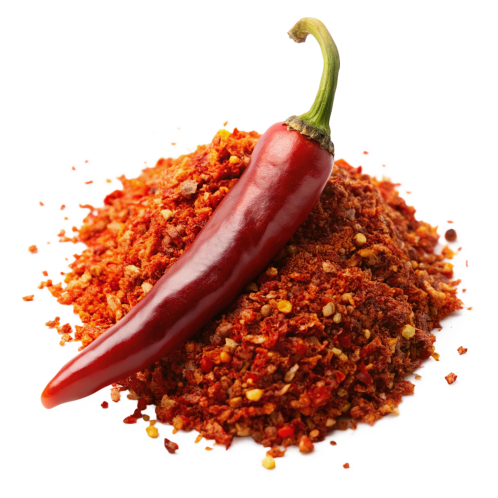 A vibrant red chili pepper rests atop a mound of its own crushed flakes and seeds, creating a visually appealing and spicy image perfect for food blogs, recipe websites, or spice packaging png