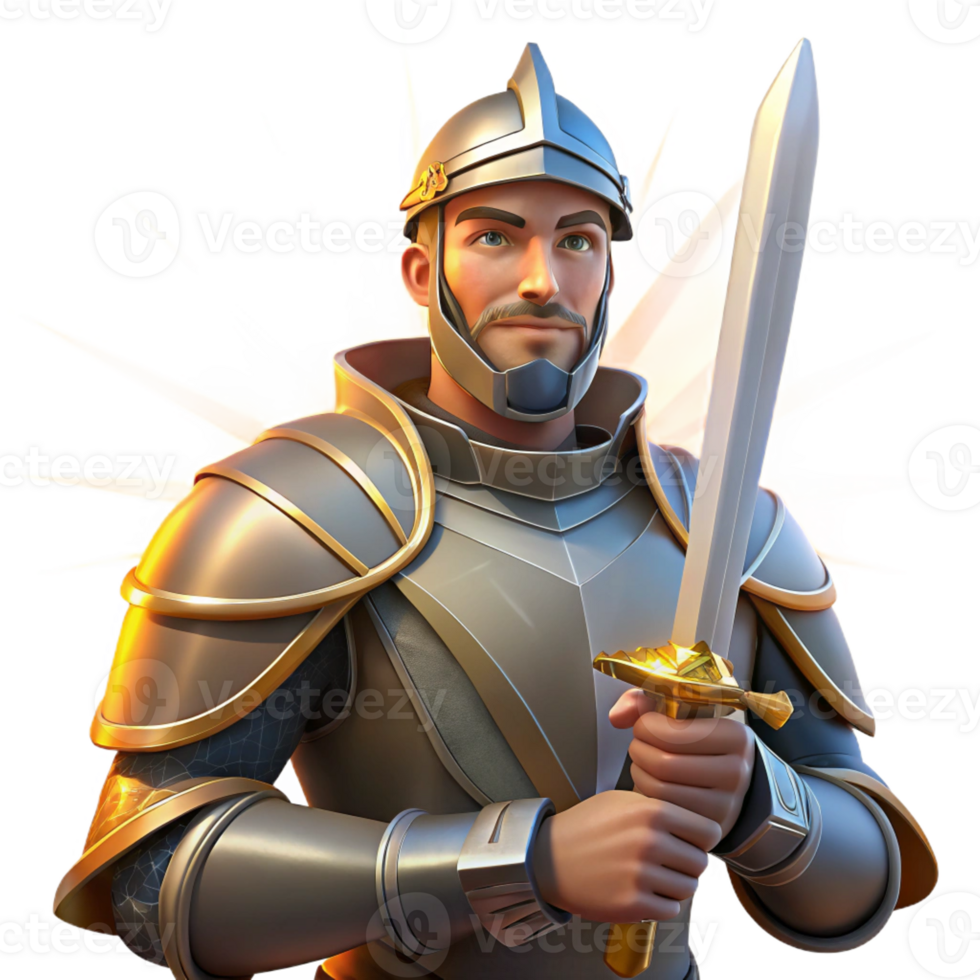 serene abstract Portrait of a knight in shining armor, holding a sword, lit by the dramatic rays of a setting sun, in a heroic, fantasy style premium png