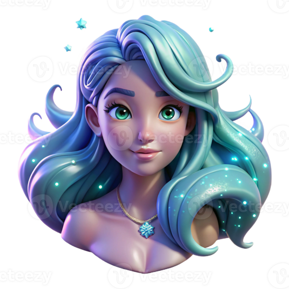 stunning traditional Portrait of a mermaid with flowing hair and shimmering scales, illuminated by the underwater glow of bioluminescent creatures, in a dreamy, ethereal style original png