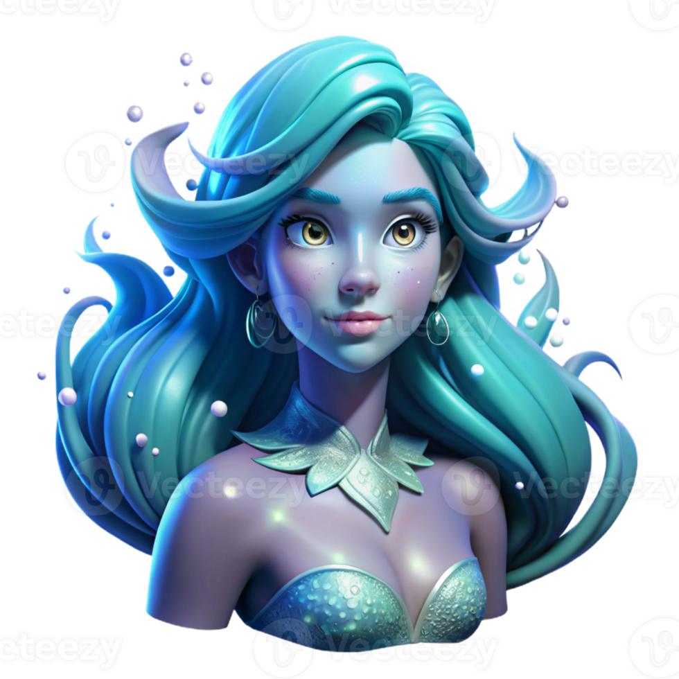 stunning rustic Portrait of a mermaid with flowing hair and shimmering scales, illuminated by the underwater glow of bioluminescent creatures, in a dreamy, ethereal style high resolution png