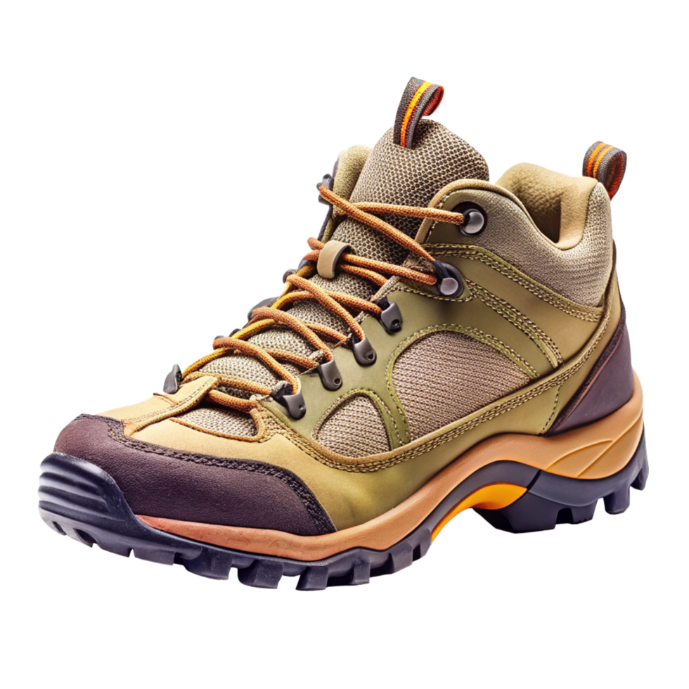 Stylish and Durable Olive Green Hiking Boot with Orange Accents png
