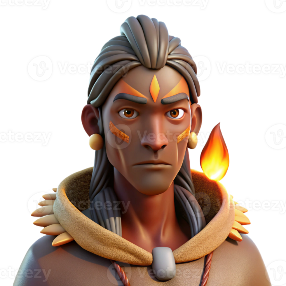 impressive vintage Portrait of a shaman with tribal markings and a spiritual gaze, illuminated by the flickering light of a ceremonial fire, in a mystical, indigenous style high quality png