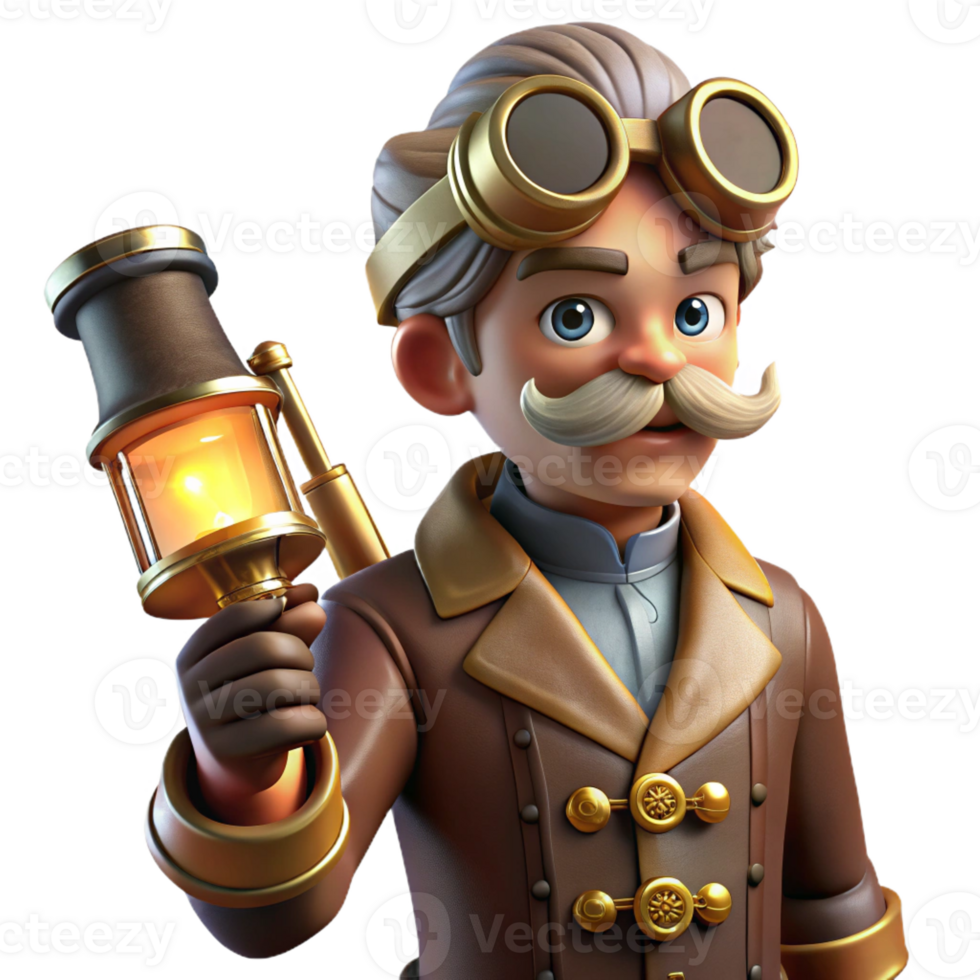 magnificent abstract A steampunk airship captain with intricate goggles, leather gloves, and a brass telescope, lit by warm, flickering gaslight in a chiaroscuro style premium png