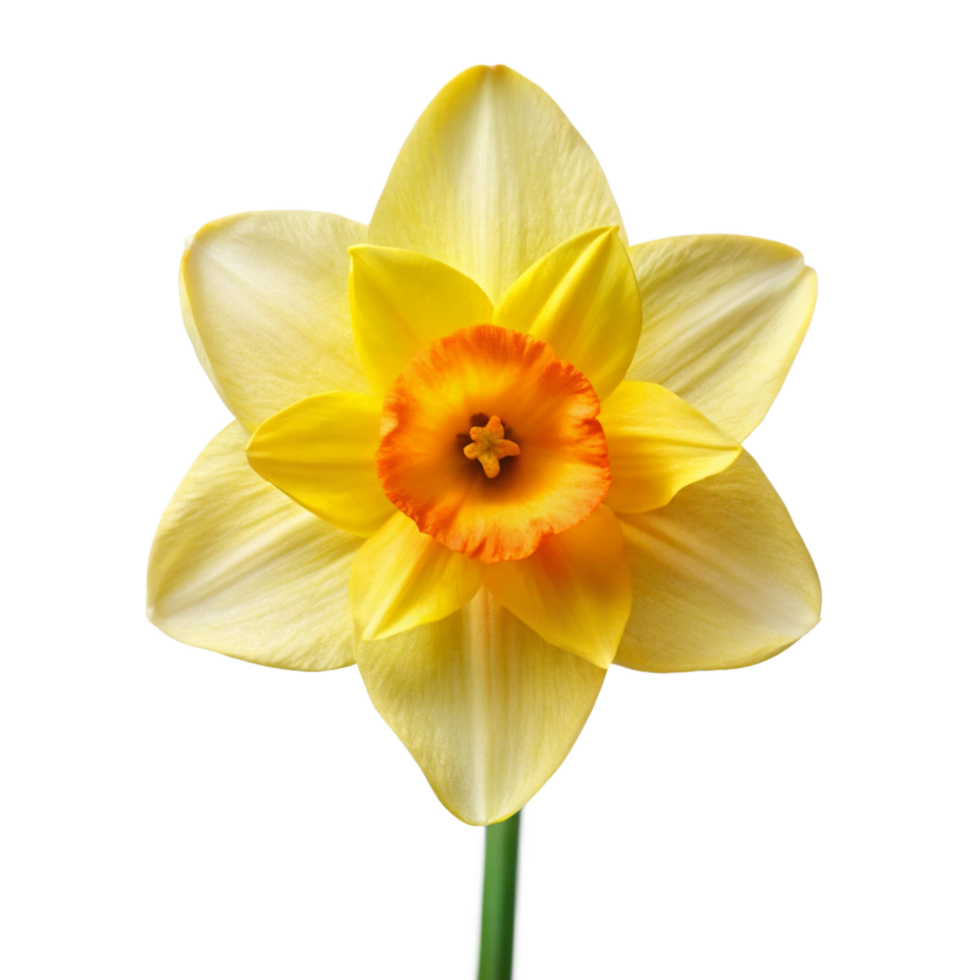 Closeup of a single yellow daffodil flower with orange center isolated on black background png