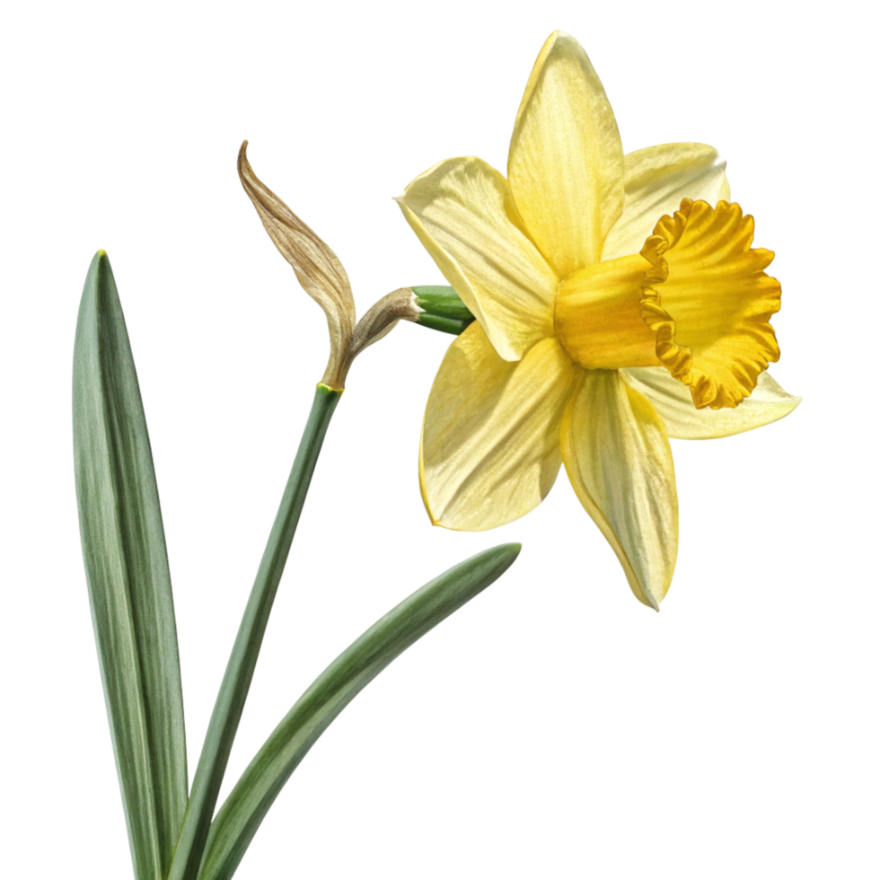 Closeup of a Single Yellow Daffodil Flower with Green Leaves on Black Background png