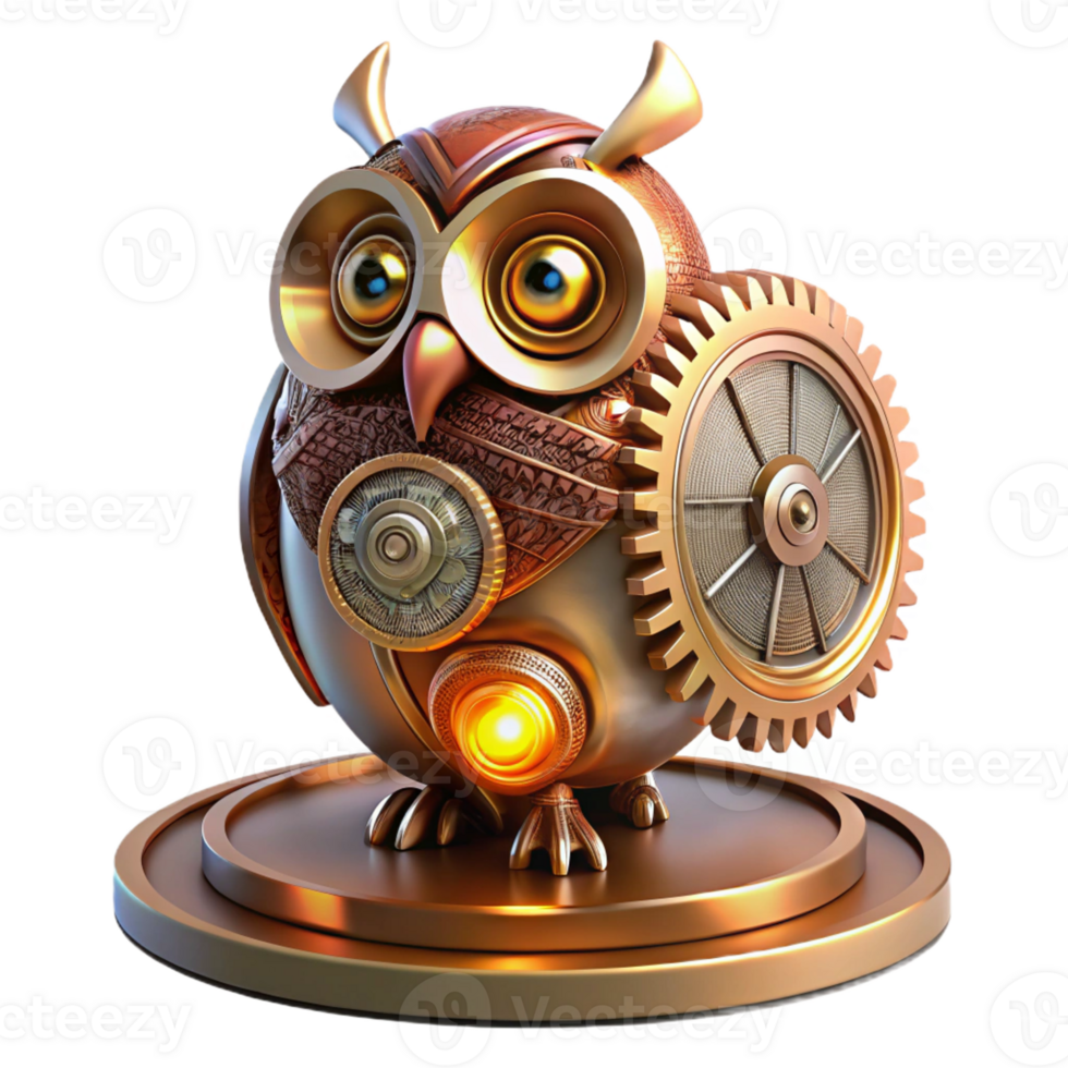 beautiful vintage A majestic steampunk clockwork owl with gears and springs visible beneath bronze feathers, perched on a copper cog, illuminated by a cool, ethereal glow original png