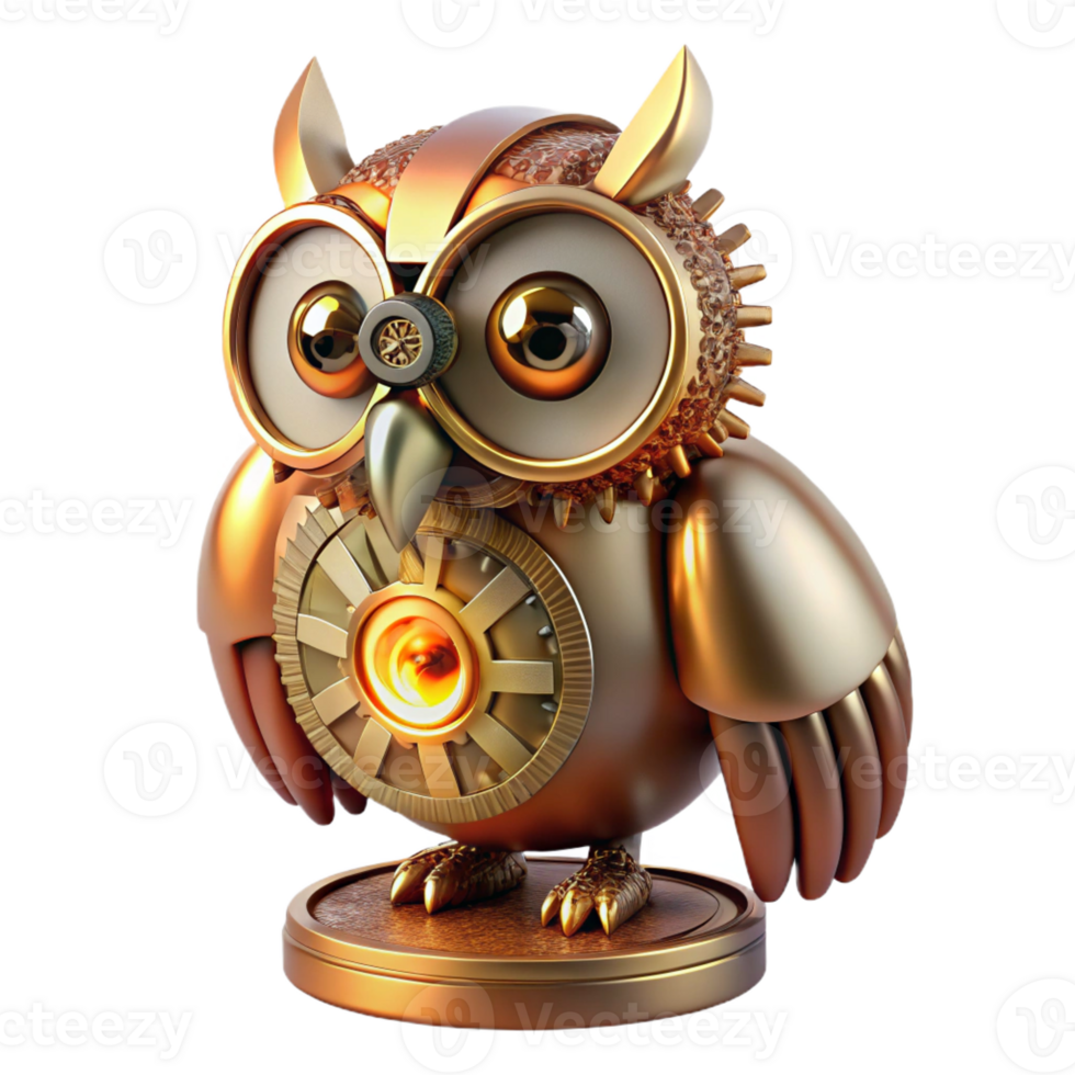 magnificent minimalist A majestic steampunk clockwork owl with gears and springs visible beneath bronze feathers, perched on a copper cog, illuminated by a cool, ethereal glow 4K png