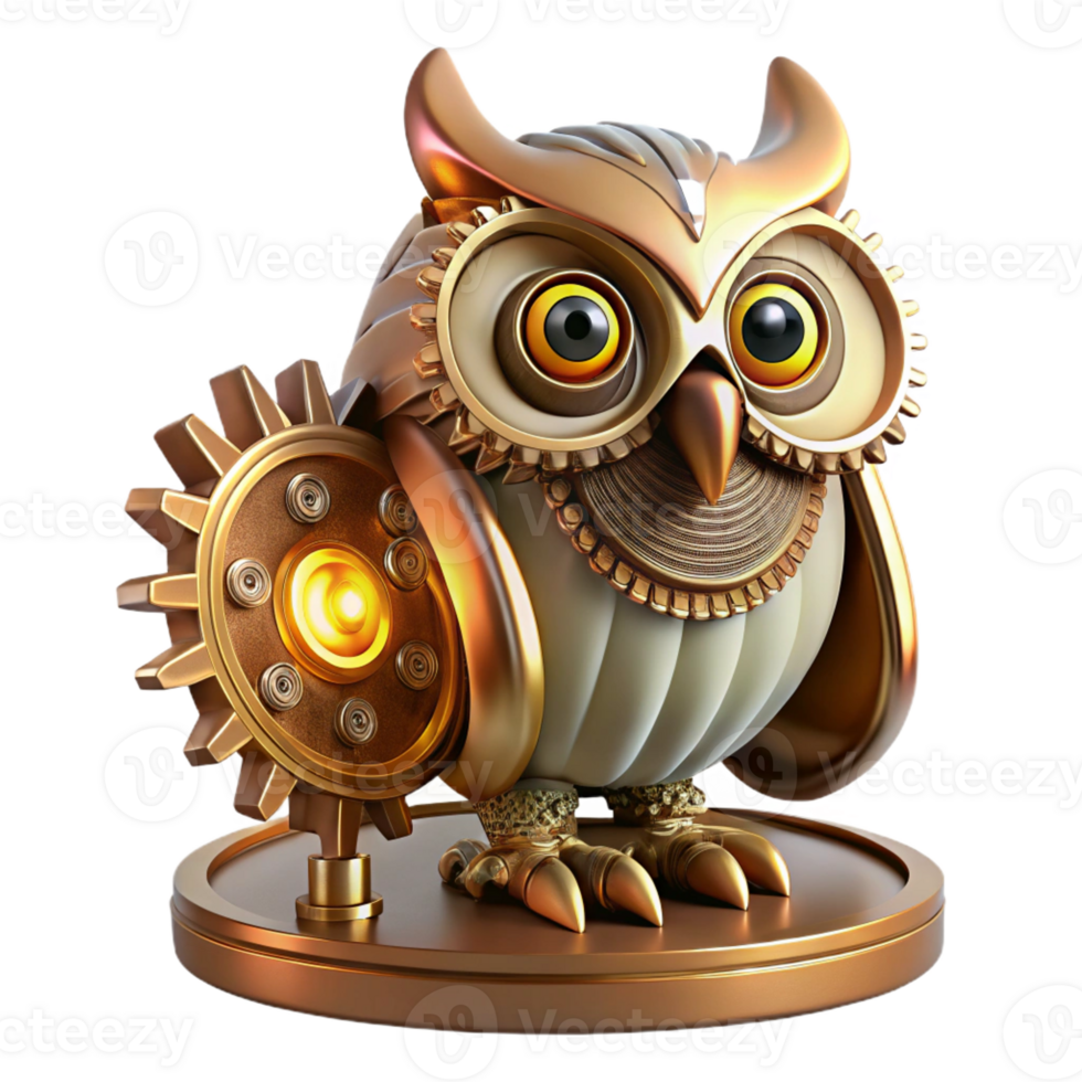 serene vintage A majestic steampunk clockwork owl with gears and springs visible beneath bronze feathers, perched on a copper cog, illuminated by a cool, ethereal glow 4K png