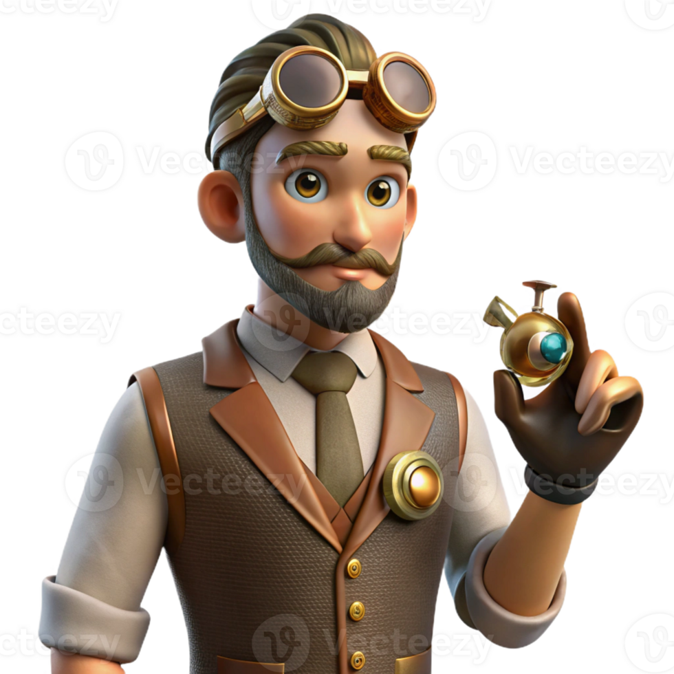 impressive minimalist A portrait of a steampunk inventor in a velvet waistcoat and goggles, holding a miniature automaton, lit by a soft, diffused light in a painterly style high quality png