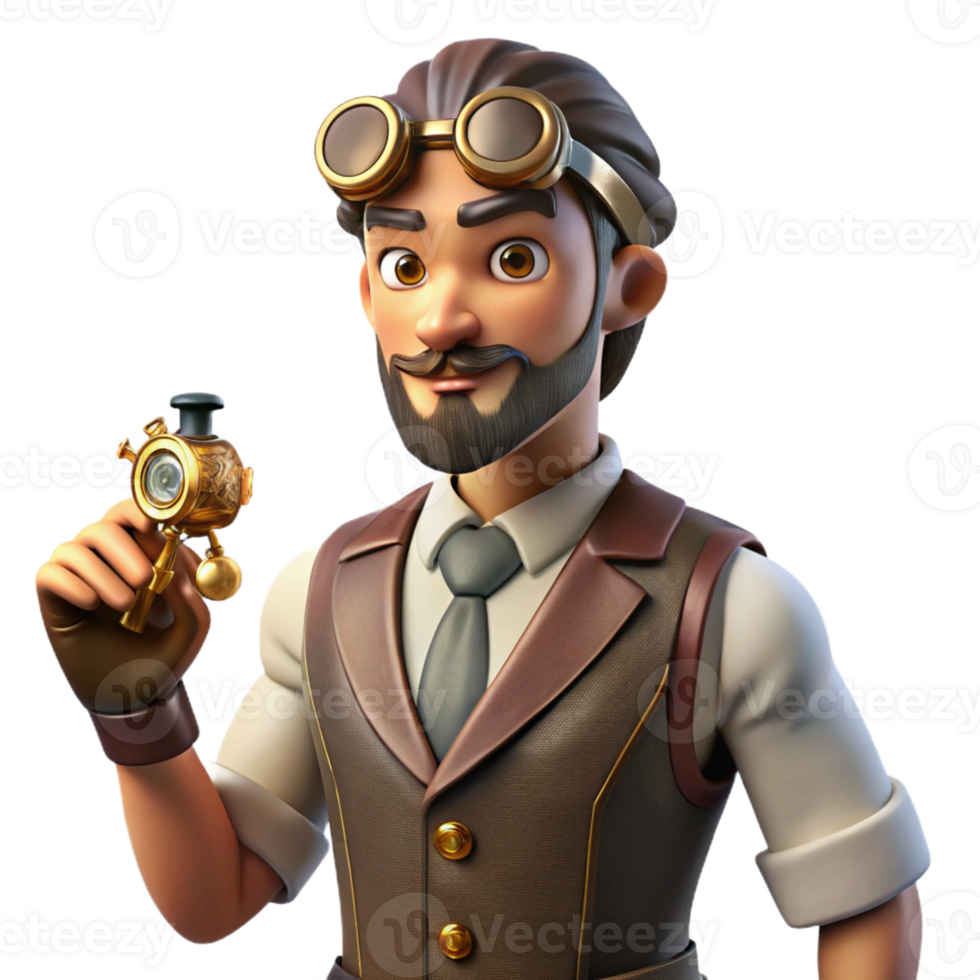 elegant artistic A portrait of a steampunk inventor in a velvet waistcoat and goggles, holding a miniature automaton, lit by a soft, diffused light in a painterly style detailed png