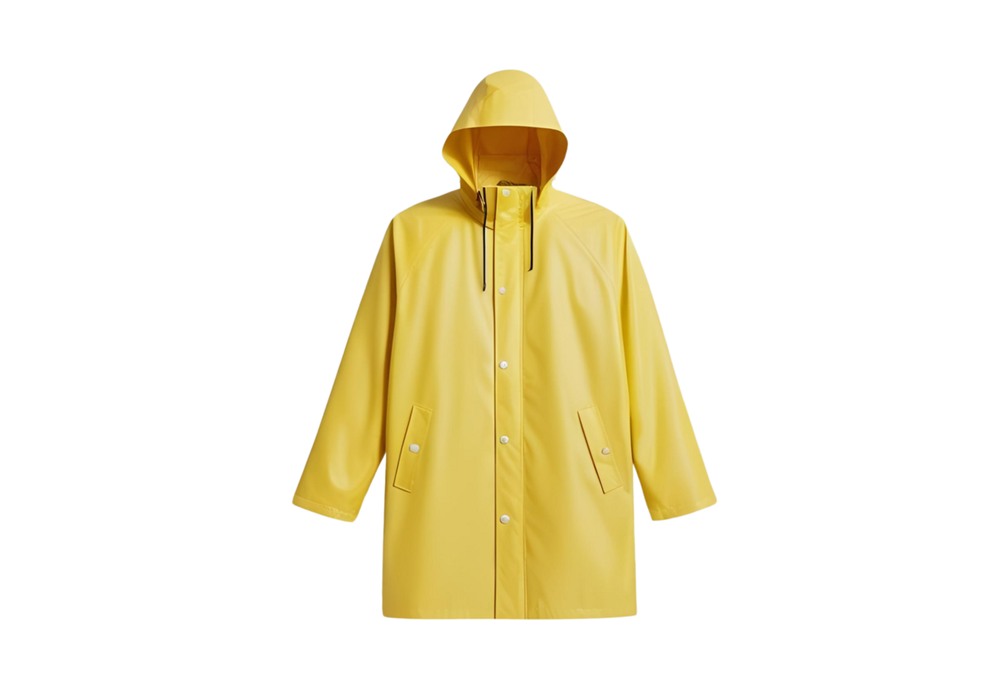 Yellow raincoat isolated, featuring waterproof material, hooded design, stylish look, and perfect rainy-day protection png
