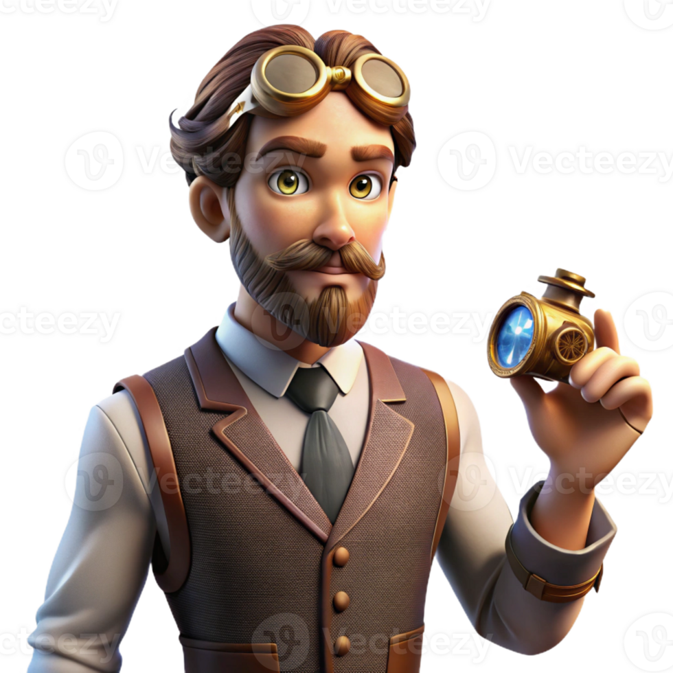vibrant creative A portrait of a steampunk inventor in a velvet waistcoat and goggles, holding a miniature automaton, lit by a soft, diffused light in a painterly style high quality png