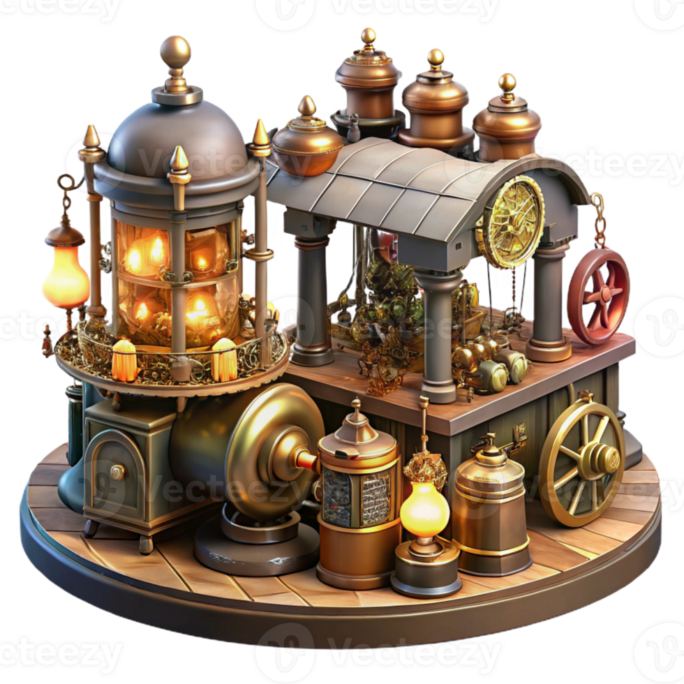 impressive artistic A bustling steampunk marketplace filled with intricate automatons, brass gadgets, and cogwheel contraptions, illuminated by warm, flickering gaslight high quality png