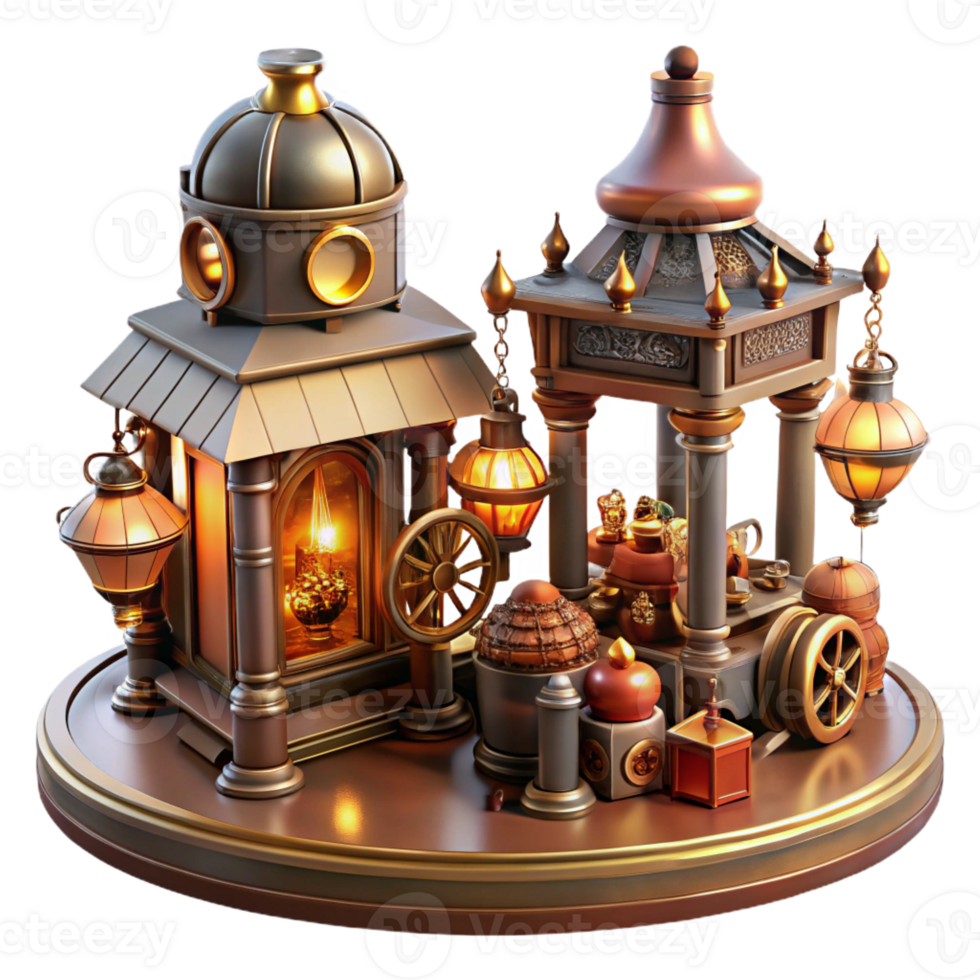wonderful classic A bustling steampunk marketplace filled with intricate automatons, brass gadgets, and cogwheel contraptions, illuminated by warm, flickering gaslight premium png