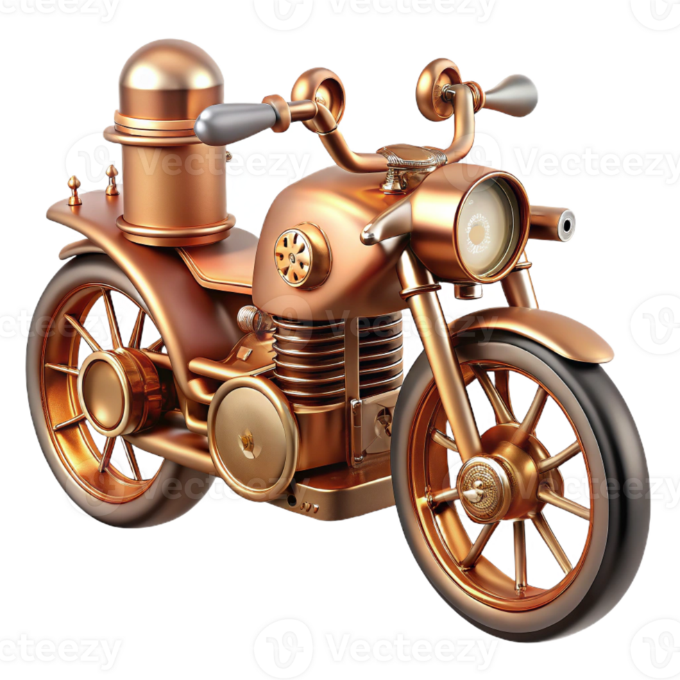 beautiful contemporary A sleek, copper-plated steampunk motorcycle with exposed gears, steam vents, and leather seats, lit by a bright, midday sun original png