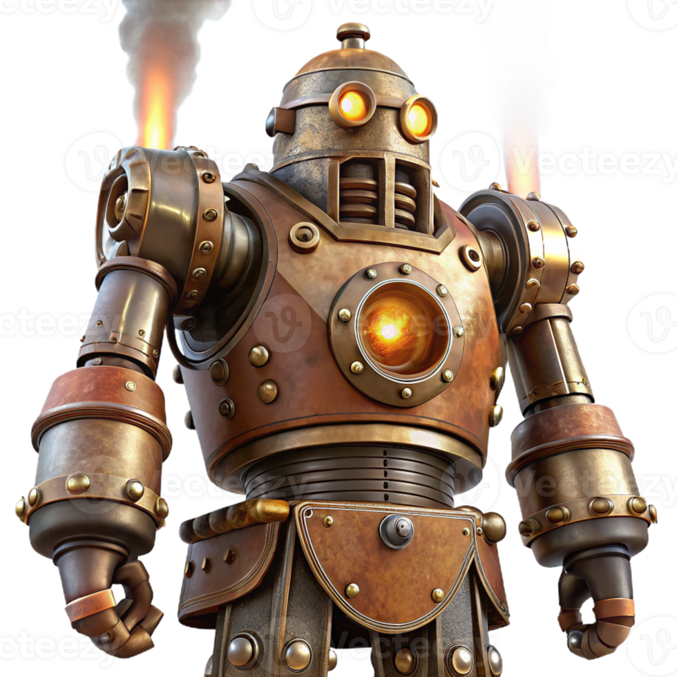 wonderful artistic A towering steampunk robot with riveted iron plates, exposed gears, and glowing steam vents, lit by a dramatic, low-angle light 4K png