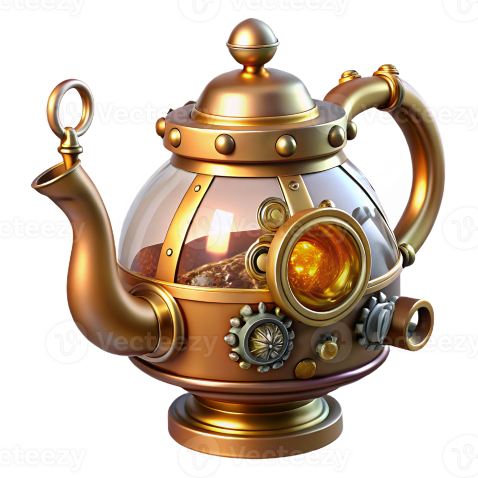 stunning minimalist A whimsical steampunk teapot with ornate brass spouts, gears, and a glass dome, lit by a warm, inviting light high quality png