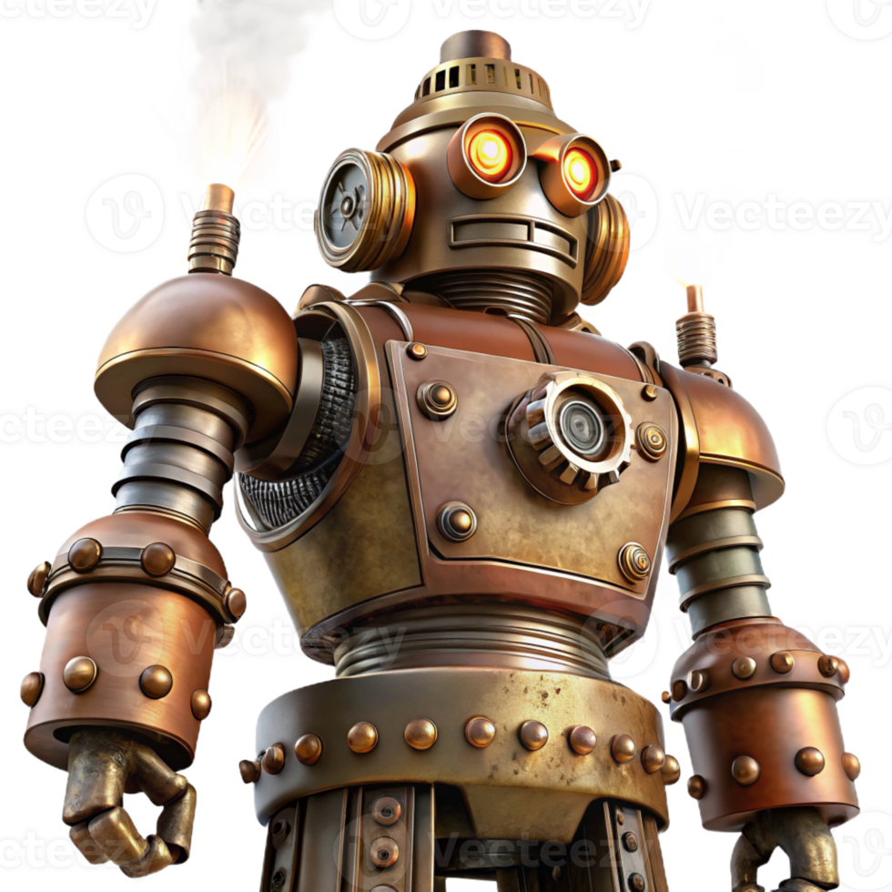 impressive minimalist A towering steampunk robot with riveted iron plates, exposed gears, and glowing steam vents, lit by a dramatic, low-angle light original png