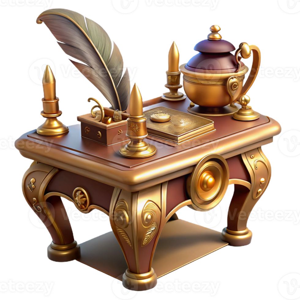 dramatic vintage An elegant steampunk writing desk with intricate brass inlays, clockwork mechanisms, and a quill pen, lit by a soft, diffused light high resolution png