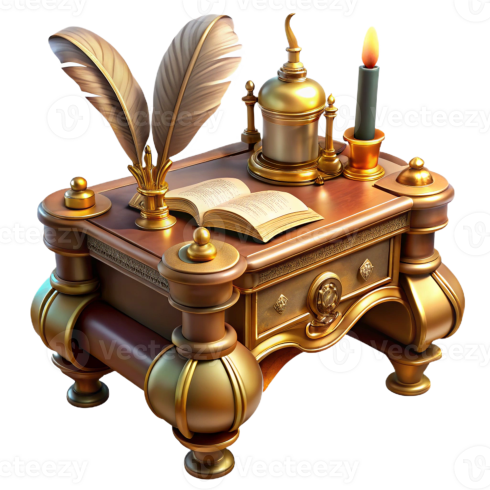 beautiful artistic An elegant steampunk writing desk with intricate brass inlays, clockwork mechanisms, and a quill pen, lit by a soft, diffused light original png