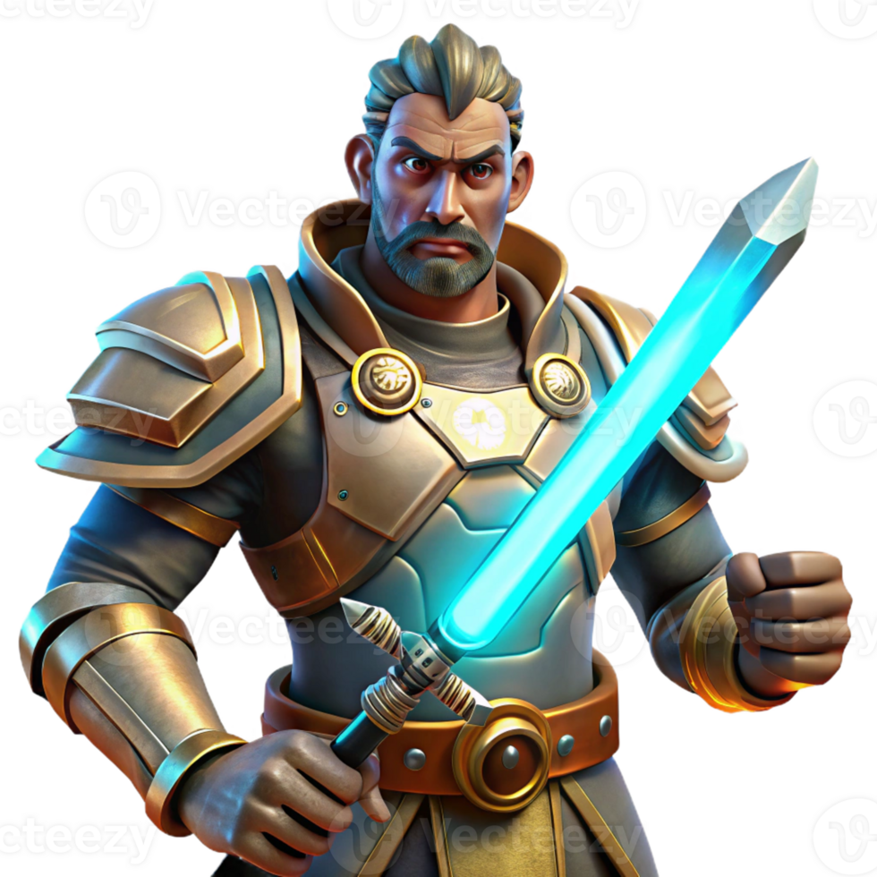 stunning creative A fierce steampunk warrior with riveted armor, a glowing energy sword, and a determined expression, lit by a dramatic, battlefield light 4K png
