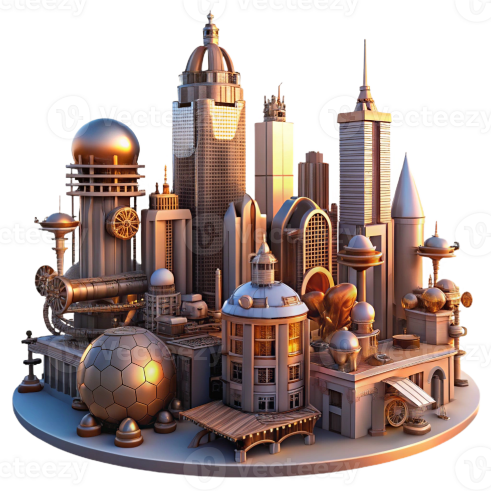 extraordinary artistic A futuristic steampunk city skyline with towering clockwork buildings, airships, and intricate gear systems, lit by a warm, sunset glow exclusive png
