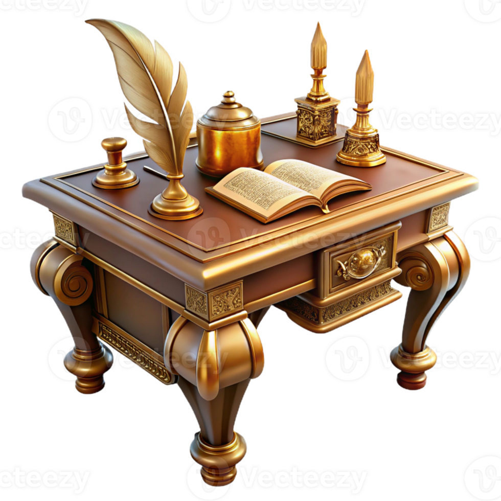 extraordinary modern An elegant steampunk writing desk with intricate brass inlays, clockwork mechanisms, and a quill pen, lit by a soft, diffused light 4K png