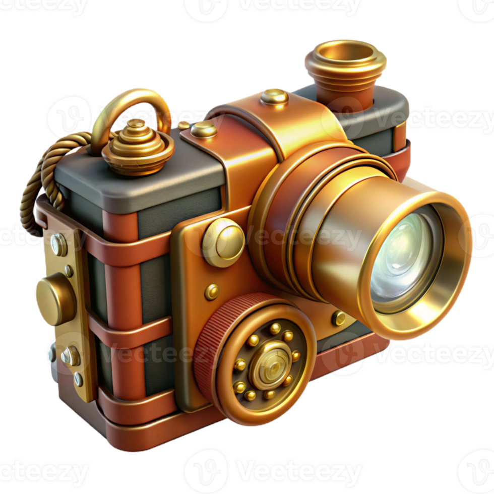 dramatic rustic A vintage steampunk camera with brass lenses, intricate gears, and a leather strap, lit by a warm, nostalgic light detailed png