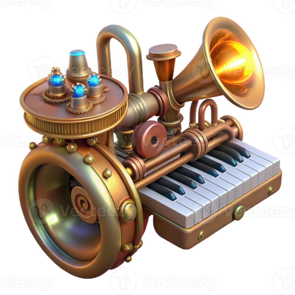impressive artistic A detailed steampunk musical instrument with brass pipes, intricate gears, and a keyboard, lit by a soft, ambient glow high quality png