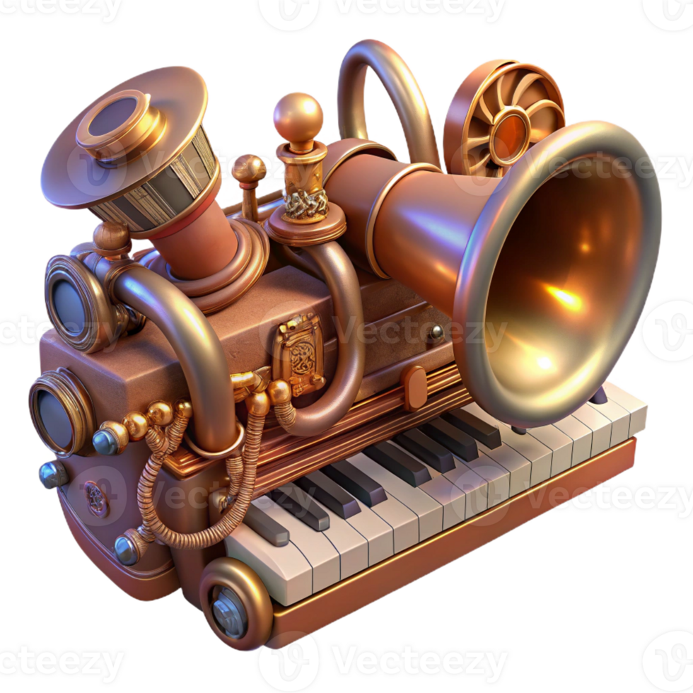 stunning abstract A detailed steampunk musical instrument with brass pipes, intricate gears, and a keyboard, lit by a soft, ambient glow detailed png