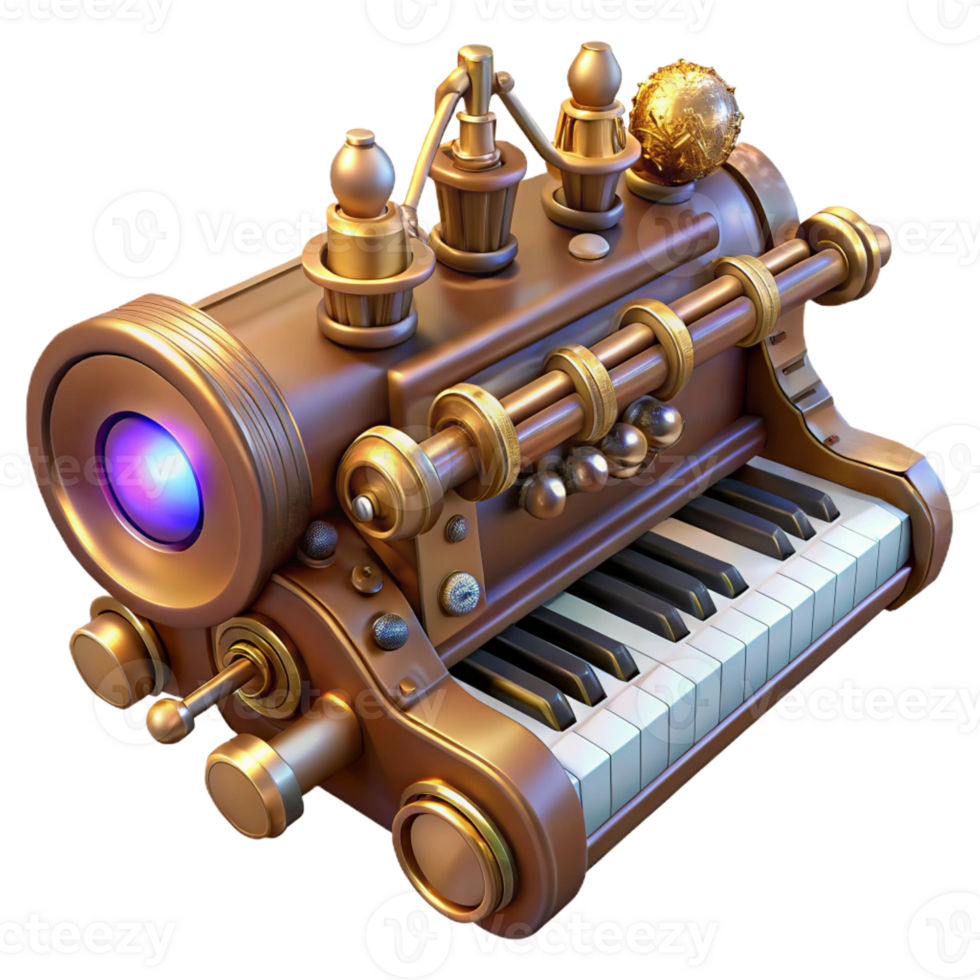 beautiful classic A detailed steampunk musical instrument with brass pipes, intricate gears, and a keyboard, lit by a soft, ambient glow professional png