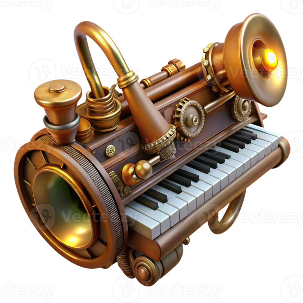 beautiful classic A detailed steampunk musical instrument with brass pipes, intricate gears, and a keyboard, lit by a soft, ambient glow 4K png