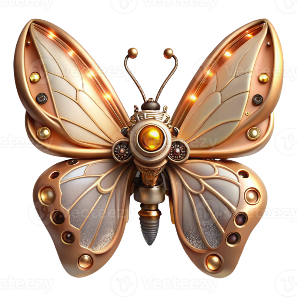 stunning contemporary A whimsical steampunk automaton butterfly with delicate metal wings and intricate clockwork mechanisms, lit by a soft, ambient glow premium png