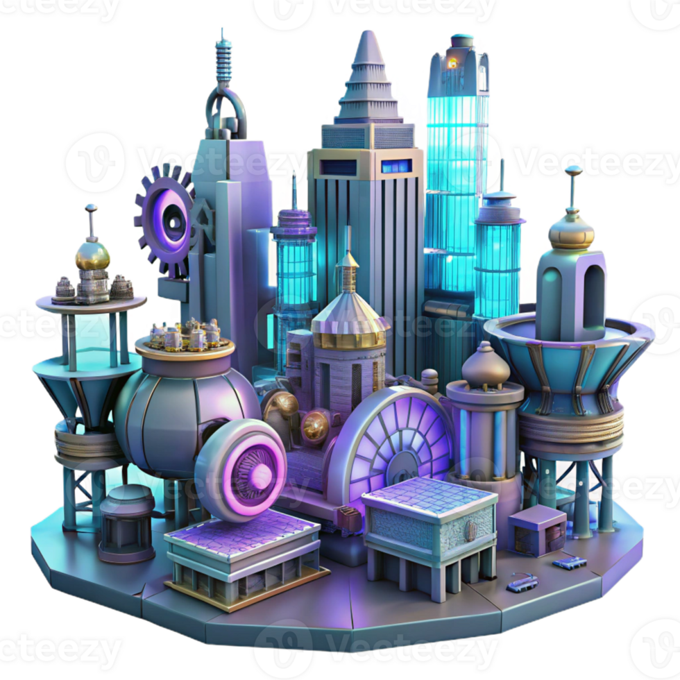 extraordinary classic A futuristic steampunk cityscape with towering clockwork buildings, flying machines, and intricate gear systems, lit by a cool, neon glow 4K png