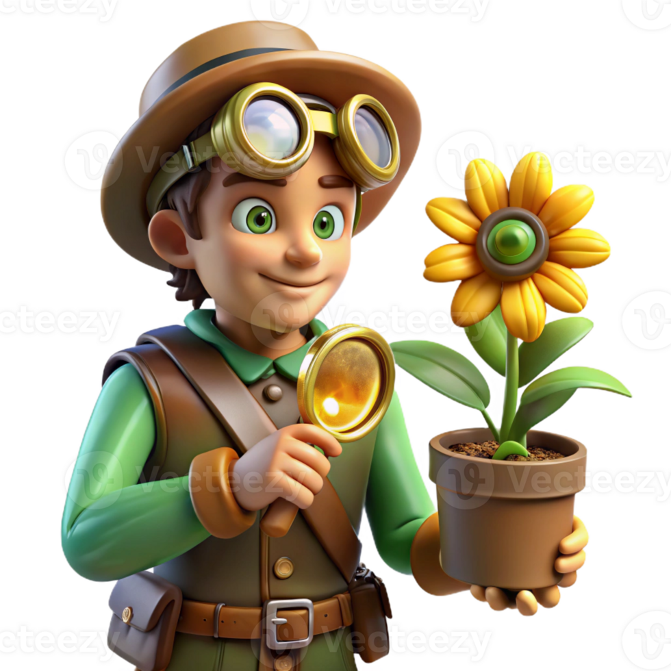 magnificent classic A curious steampunk botanist with a leather satchel, magnifying glass, and intricate goggles, examining a mechanical flower, lit by a bright, natural light detailed png