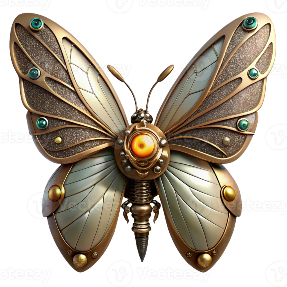 elegant classic A whimsical steampunk automaton butterfly with delicate metal wings and intricate clockwork mechanisms, lit by a soft, ambient glow original png