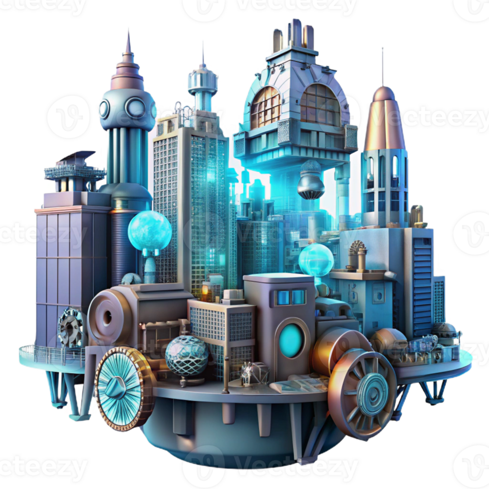 elegant abstract A futuristic steampunk cityscape with towering clockwork buildings, flying machines, and intricate gear systems, lit by a cool, neon glow detailed png