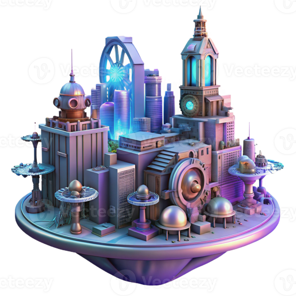 stunning minimalist A futuristic steampunk cityscape with towering clockwork buildings, flying machines, and intricate gear systems, lit by a cool, neon glow high resolution png