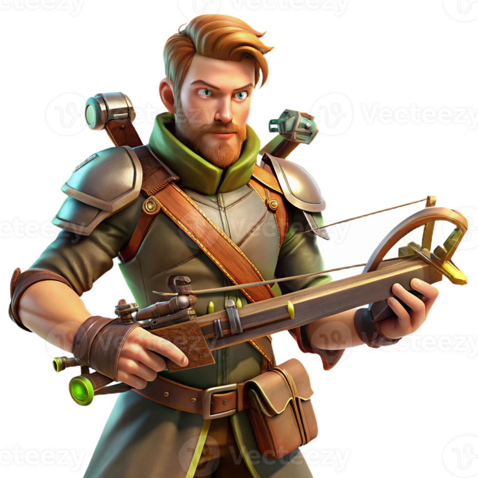beautiful creative A fierce steampunk hunter with riveted armor, a steam-powered crossbow, and a determined expression, lit by a dramatic, forest light original png