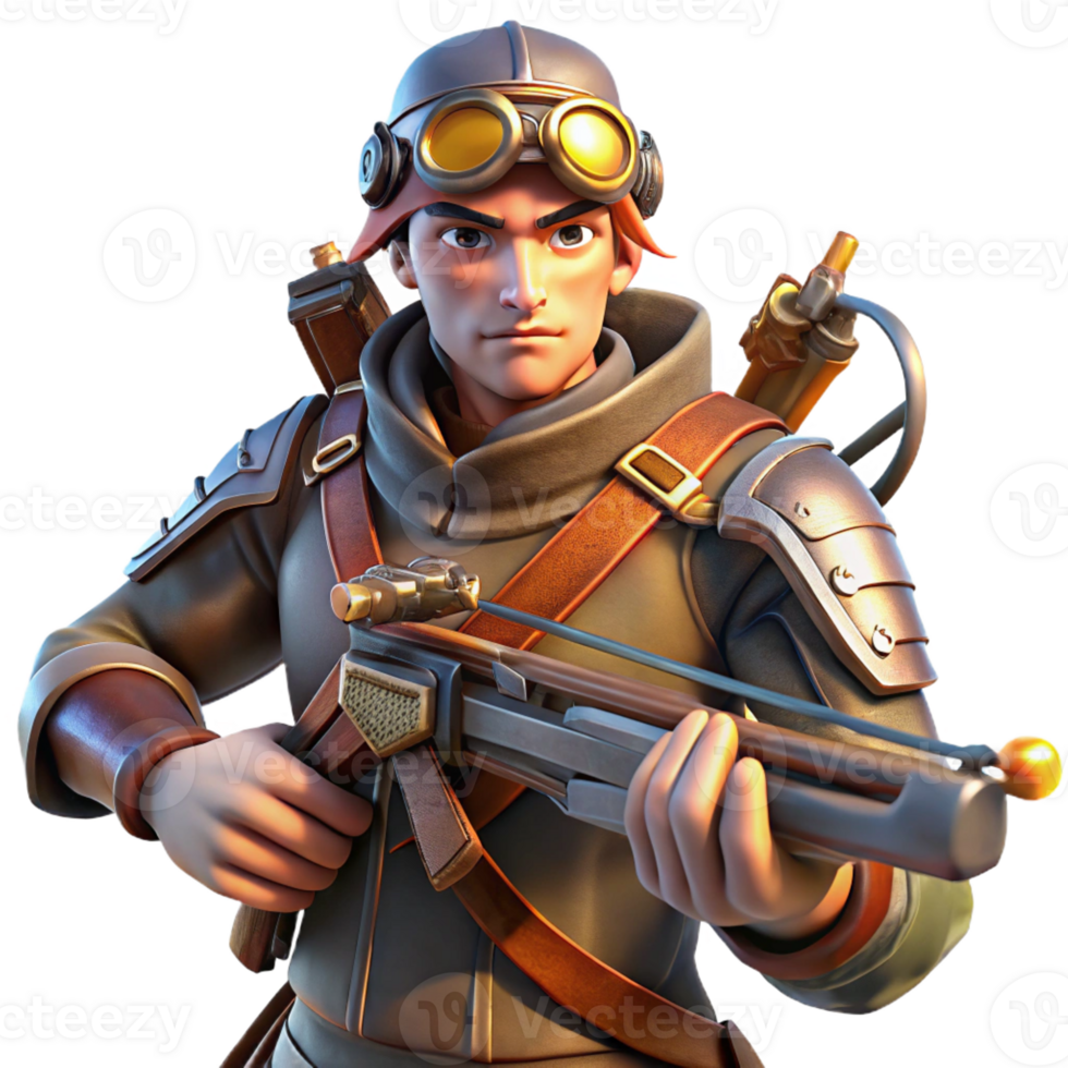 stunning minimalist A fierce steampunk hunter with riveted armor, a steam-powered crossbow, and a determined expression, lit by a dramatic, forest light exclusive png