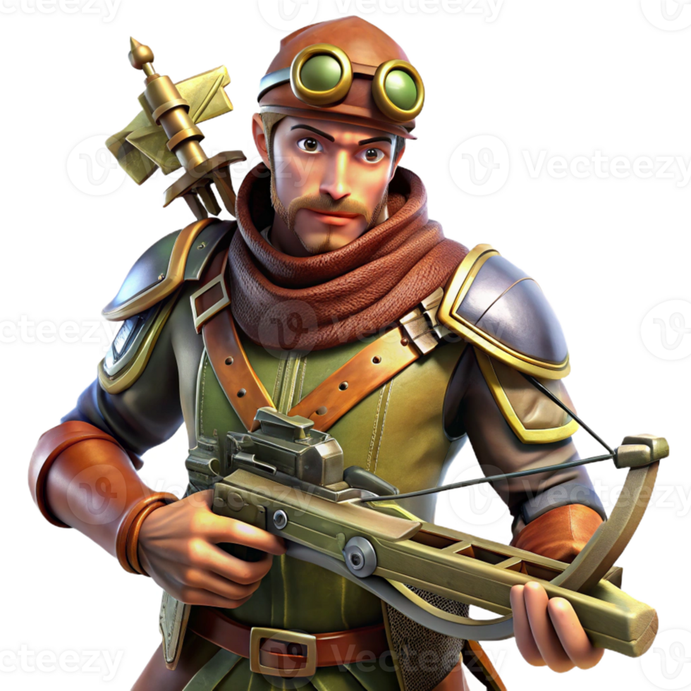 elegant rustic A fierce steampunk hunter with riveted armor, a steam-powered crossbow, and a determined expression, lit by a dramatic, forest light 4K png