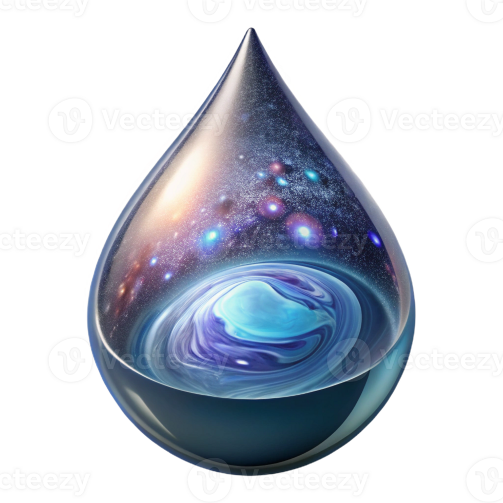elegant traditional A spiral galaxy forming inside a crystal clear drop of water, reflecting the cosmos, surrealism style high quality png