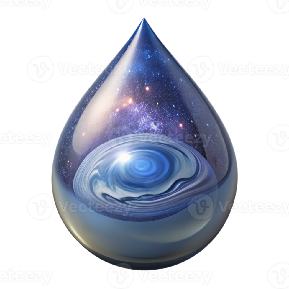 serene rustic A spiral galaxy forming inside a crystal clear drop of water, reflecting the cosmos, surrealism style exclusive png