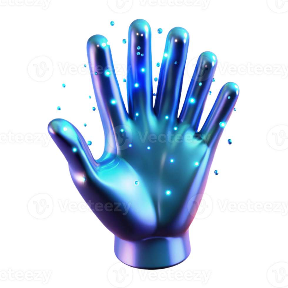 impressive vintage A holographic projection of a human hand reaching out, composed of shimmering particles, illuminated by a cool, blue light. Futuristic style high quality png