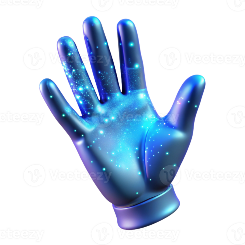 dramatic rustic A holographic projection of a human hand reaching out, composed of shimmering particles, illuminated by a cool, blue light. Futuristic style genuine png